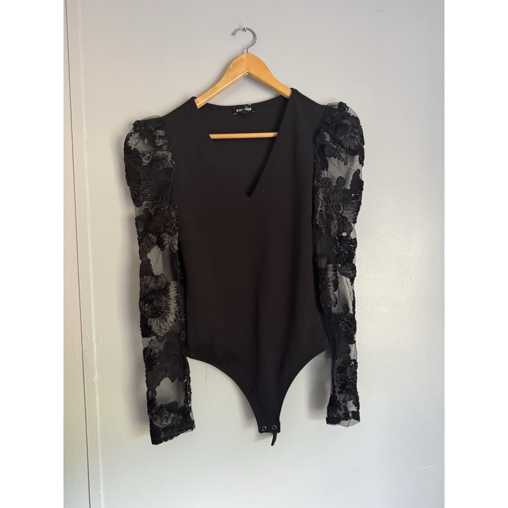 Express women's black whimsigoth boho sheer sleeves roses bodysuit XS